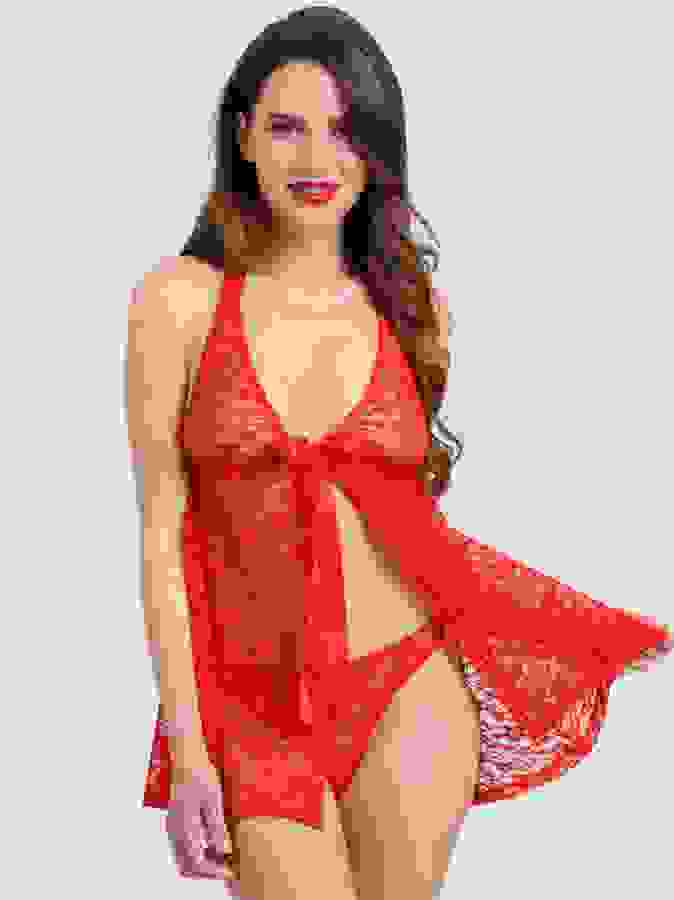Lovehoney Unwrap Me Red Lace Babydoll, Red, hi-res